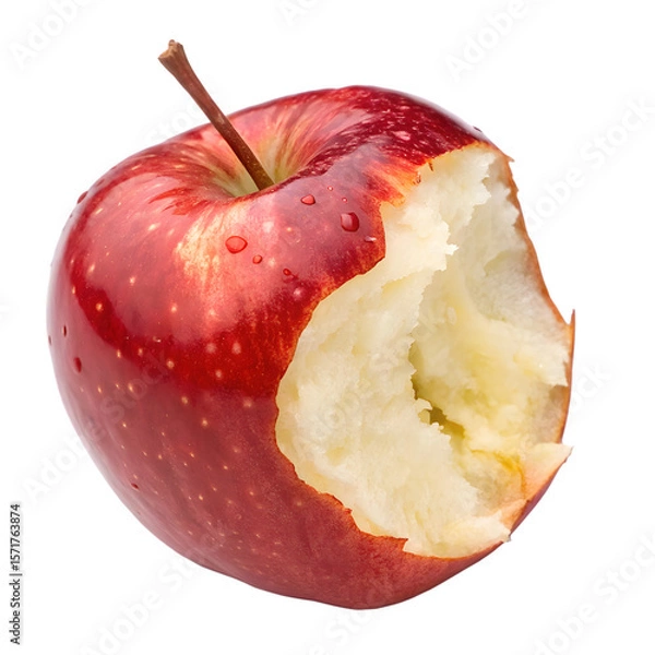 Fototapeta Bitten red apple with water droplets isolated on transparent background
