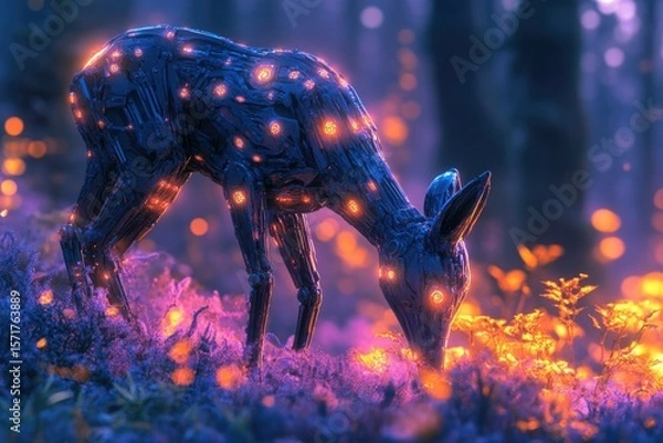 Fototapeta A futuristic robotic deer grazes in a magical forest, glowing with neon lights, creating a surreal and captivating scene.