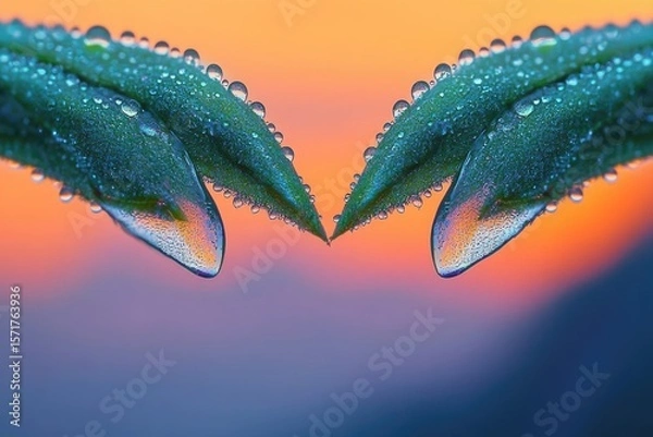 Fototapeta A macro image featuring two green leaves adorned with water droplets, set against a vibrant sunset backdrop.