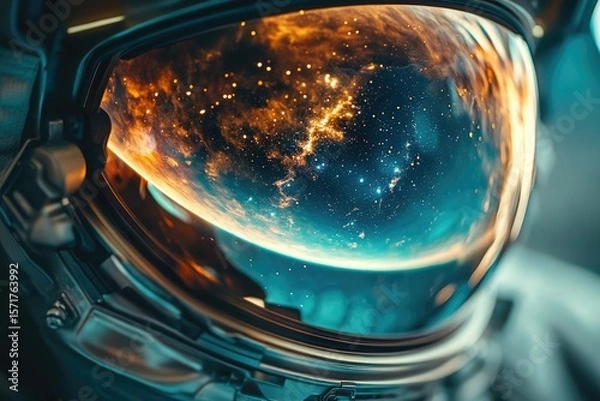 Fototapeta An astronaut's helmet reflects a mesmerizing view of a planet surrounded by stars, nebulae, and the vastness of outer space.