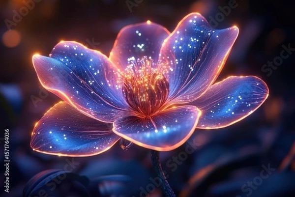 Fototapeta A luminous flower with glowing petals, adorned with sparkling lights, stands out in the darkness.