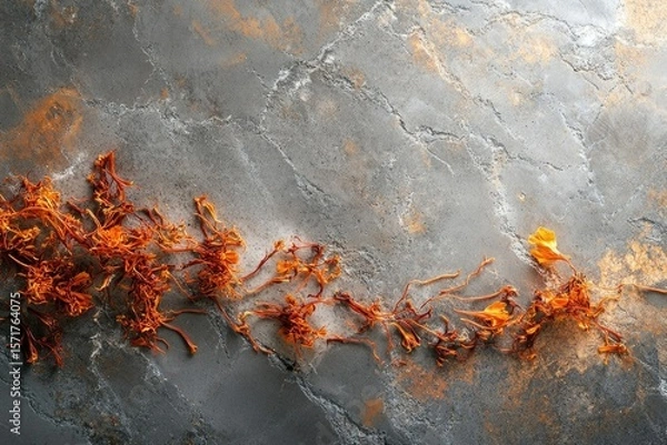 Fototapeta Dried orange blossoms artfully arranged on a textured, gray surface, creating a striking contrast in color and texture.