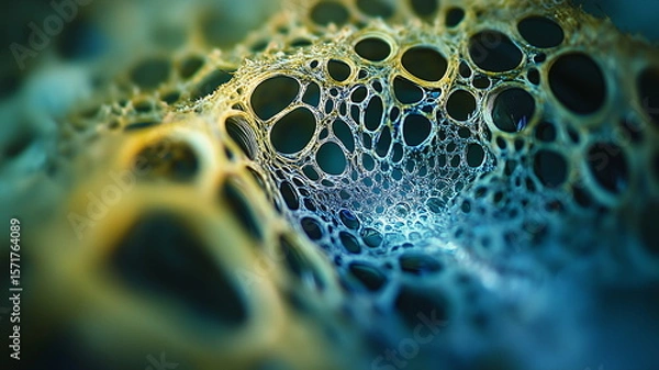 Fototapeta Microscopic View of Soap Bubble Foam Structure in Abstract Blue and Gold Colours