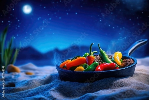 Fototapeta A skillet of colorful peppers sits on a sandy surface, bathed in the glow of moonlight under a star-filled sky.