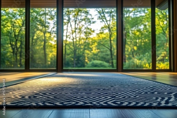 Fototapeta A serene indoor space featuring a patterned rug and expansive windows framing a lush green forest landscape.