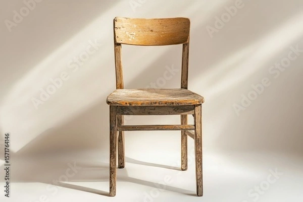 Fototapeta A weathered wooden chair stands in a bright room, bathed in sunlight, hinting at age and forgotten stories.