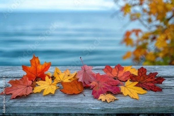 Fototapeta Colorful autumn leaves rest on a weathered wooden surface with a tranquil lake backdrop.
