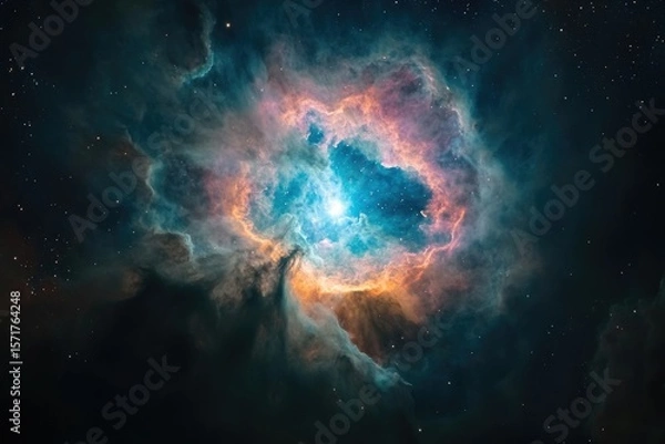Fototapeta A vibrant and detailed image showcases a colorful nebula with a bright central point and surrounding stars in the vast cosmos.