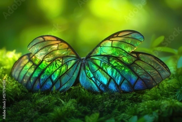 Fototapeta Vibrant butterfly wings glisten with iridescent greens and blues, nestled among lush green moss in a tranquil forest setting.