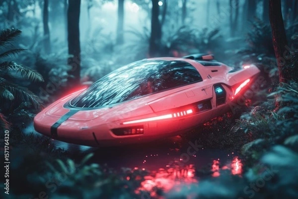 Fototapeta A futuristic red hovercraft is parked amidst a lush, misty forest, emitting a glowing red light, blending technology with nature.