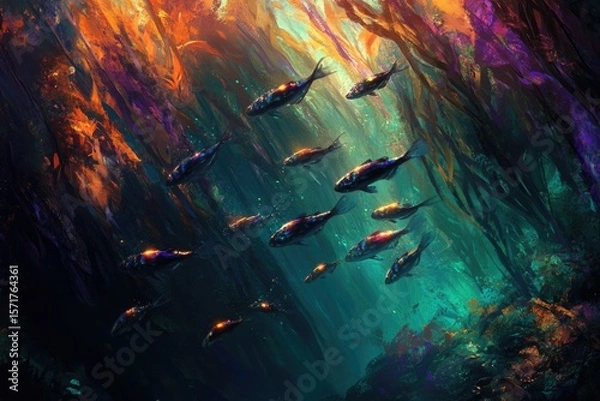 Fototapeta A school of fish swims through a kelp forest illuminated by light filtering from above, creating a vibrant underwater scene.