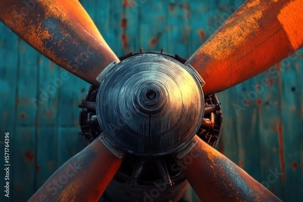 Fototapeta A close-up of a vintage airplane propeller, its weathered blades showcasing the beauty of age and aviation heritage.