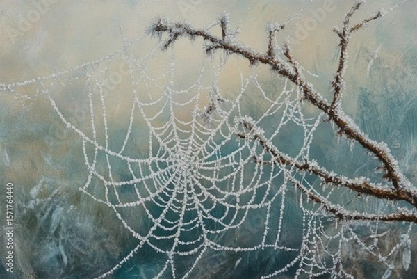 Fototapeta A beautiful frozen spiderweb, glistening with ice crystals, hangs from a frost-covered branch against an abstract muted background.