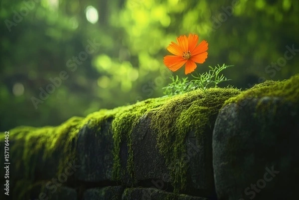 Fototapeta Single orange flower amidst green moss on a stone wall, against a blurred green background, embodying natural beauty.