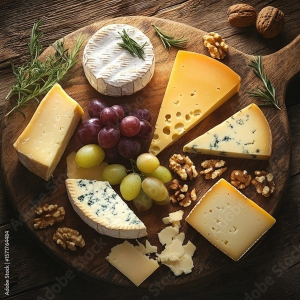 Fototapeta Cheese board showcasing brie, cheddar, blue cheese, and other varieties served with grapes, walnuts, and rosemary on a wooden platter.