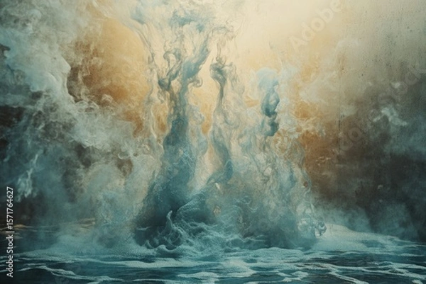 Fototapeta Abstract swirling mix of light blue and beige colors blending like ink in water, creating a dreamy, ethereal atmosphere.