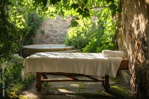 Fototapeta A tranquil outdoor spa setting with a massage table amidst lush greenery and natural stone architecture.