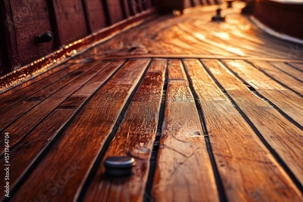 Fototapeta A close-up shot reveals the varnished wooden deck of a boat bathed in warm sunlight, highlighting its rich texture.