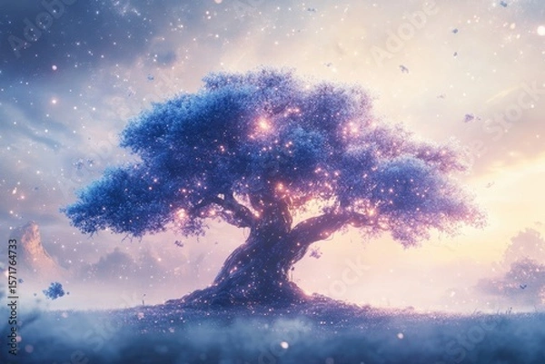 Fototapeta A magical tree stands bathed in light under a starry sky, glowing with ethereal beauty and whimsical charm.