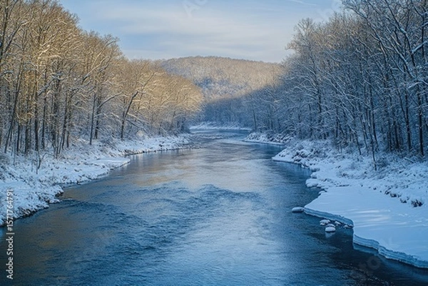 Fototapeta A serene winter scene with a flowing river embraced by snow-covered trees and a gentle sky.