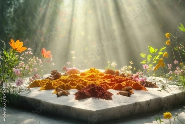 Fototapeta Spices and cinnamon displayed amidst vibrant flowers, bathed in ethereal sunlight, sitting on a marble stone surface.