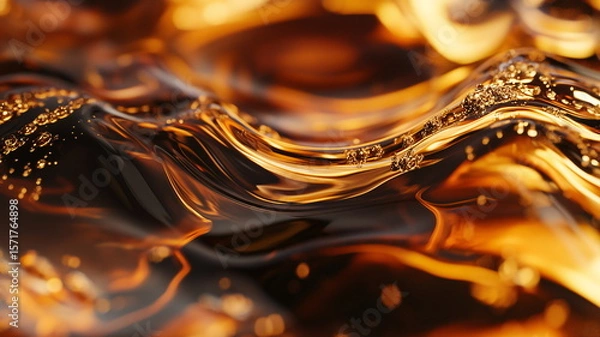Fototapeta Microscopic view of freshly brewed coffee’s surface with golden reflections and bubbles