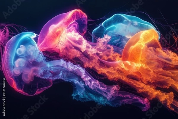 Fototapeta A captivating abstract art composition showcasing jellyfish in vibrant neon colors against a dark background.