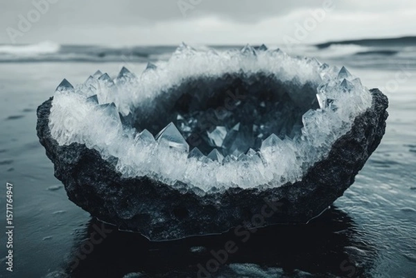 Fototapeta A mesmerizing geode, its crystal interior sparkling against the somber beach landscape under a cloudy sky.