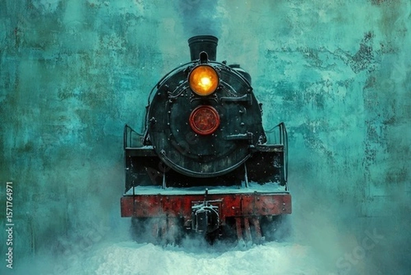 Fototapeta An old steam train is coming directly towards the camera with its headlight shining, with a textured, wintery aesthetic.
