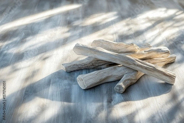 Fototapeta A pile of weathered driftwood rests on a gray, textured surface with soft, filtered light casting shadows.