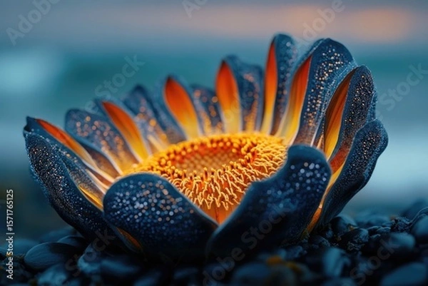Fototapeta Abstract flower with glowing orange center and dark blue petals, resting on a bed of dark pebbles.