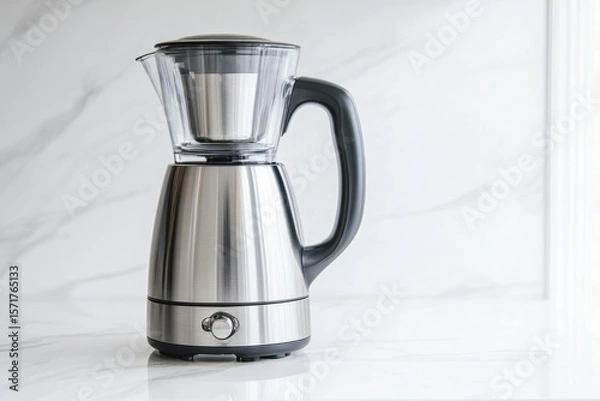 Fototapeta A modern, brushed-metal tea maker with a glass top sits elegantly on a clean white marble surface, showcasing simplicity.