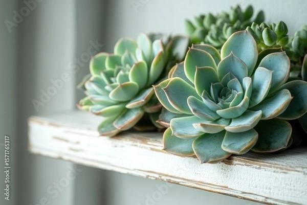 Fototapeta A cluster of vibrant succulents graces a distressed white wooden shelf, adding a touch of natural beauty to the interior.