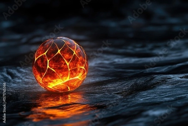 Fototapeta A glowing, fiery orb rests on a dark, textured surface, radiating light and heat with intricate patterns.