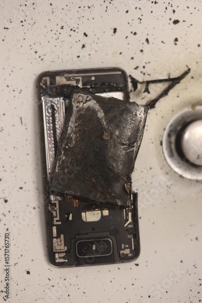 Obraz Phone is on a sink with a burnt battery