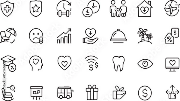 Obraz Collection of modern line art icons representing health fitness family travel finance education and lifestyle concepts on white background