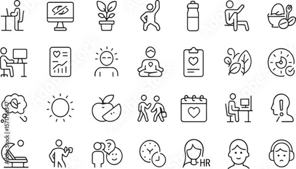 Obraz Collection of simple line art icons representing various aspects of health wellness and work life balance including exercise nutrition and mental well being
