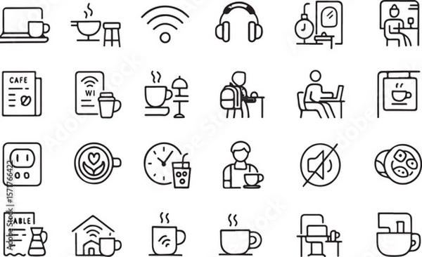 Obraz Collection of hand drawn line art icons representing various cafe and coffee shop elements and activities for digital use