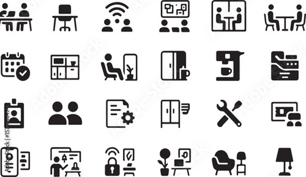Obraz Collection of modern business and office icons representing meetings technology and workplace amenities for presentations and design