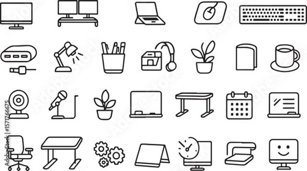Obraz Collection of modern office and technology icons including computers laptops desks chairs and accessories for a productive workspace