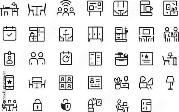 Obraz A collection of modern minimalist black line art icons representing office and business elements and activities for digital use