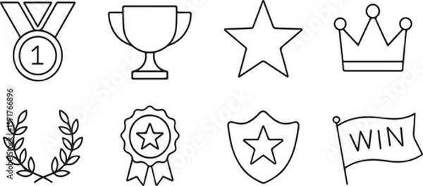 Obraz Collection of simple outline icons representing achievement and success including a medal trophy star crown laurel wreath rosette shield and winning flag