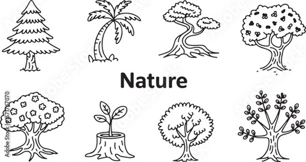 Obraz Collection of eight hand drawn black and white tree illustrations and a seedling growing from a tree stump
