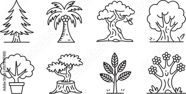 Obraz Collection of eight distinct hand drawn black and white line art illustrations of various trees and plants on a white background