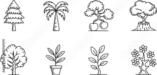 Obraz Collection of eight diverse hand drawn black and white line art illustrations of various trees and plants on a white background