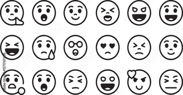 Obraz A collection of simple black and white line art emoji icons representing various emotions and expressions on a clean white background