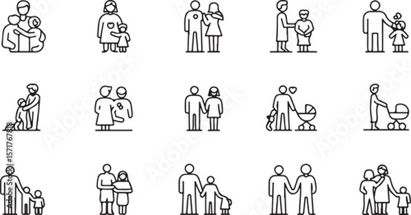 Obraz Collection of simple line art icons representing diverse family structures and parenting moments with children and babies