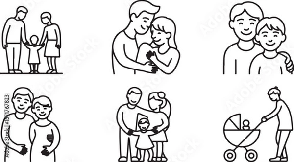 Obraz Collection of simple line art icons depicting diverse family units and parental care activities in minimalist style