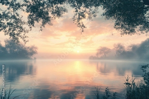 Fototapeta Serene sunrise illuminates a tranquil lake, casting soft light through the trees and mist, creating a peaceful scenery.