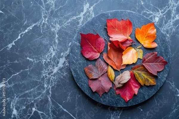 Fototapeta A collection of colorful autumn leaves displayed on a dark stone plate with a marble background.